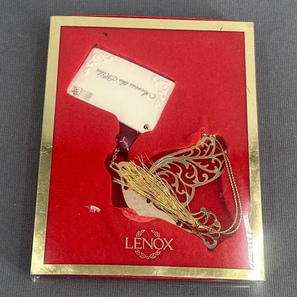 Lenox Across The Miles Christmas Ornament Gold Dove Red Heart Porcelain Tag Box